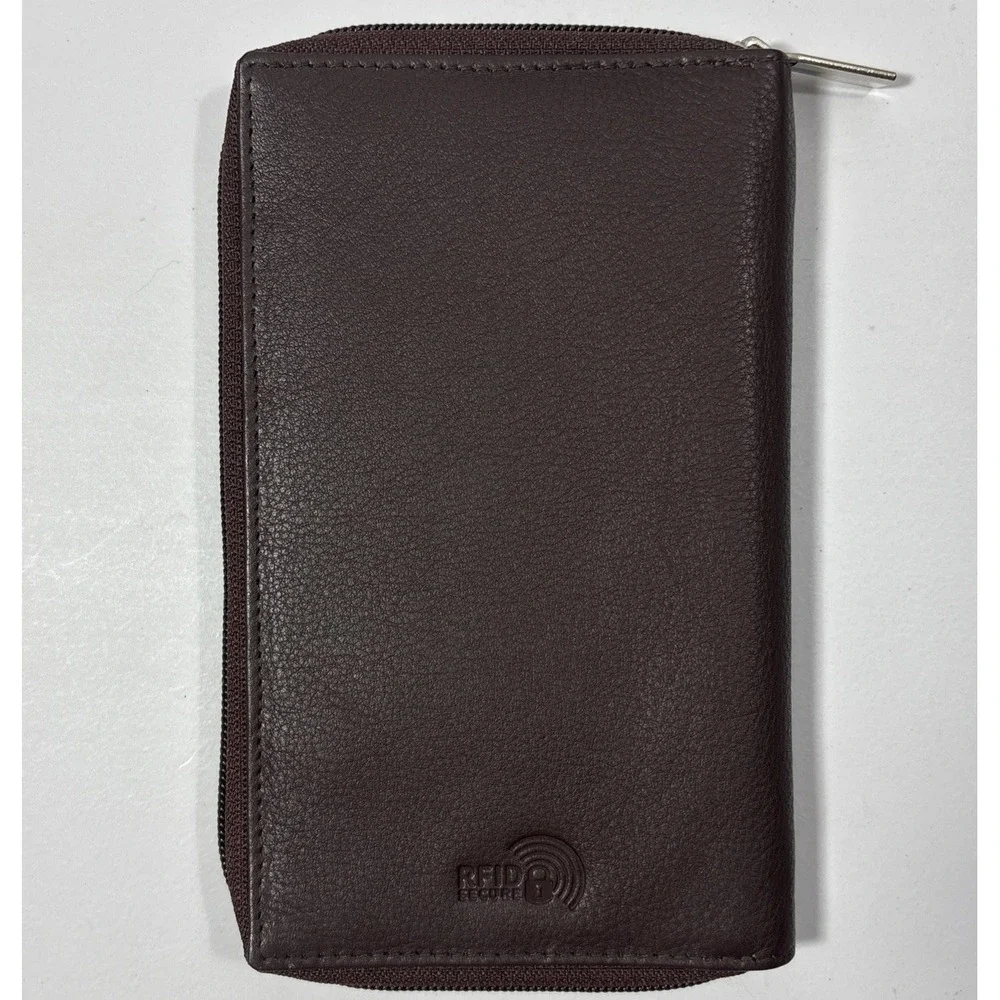 Genuine Brown Pebbled Leather RFID Blocking Zippered Passport Travel Wallet EUC
